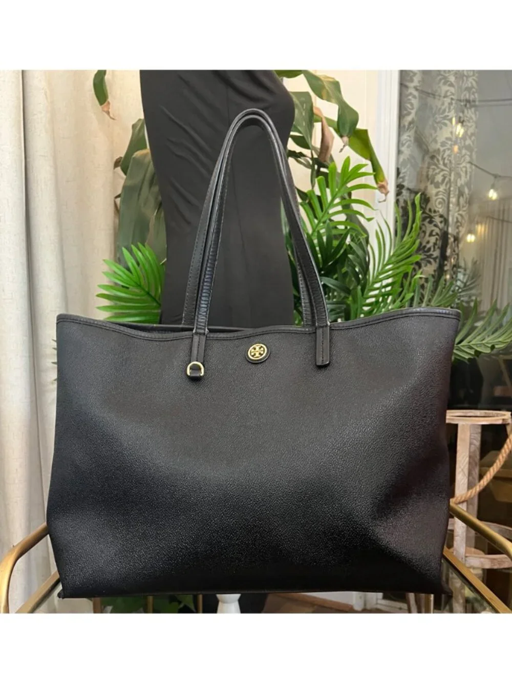 TORY BURCH BLACK STEFANO LEAHTER ROBINSON LARGE TOTE